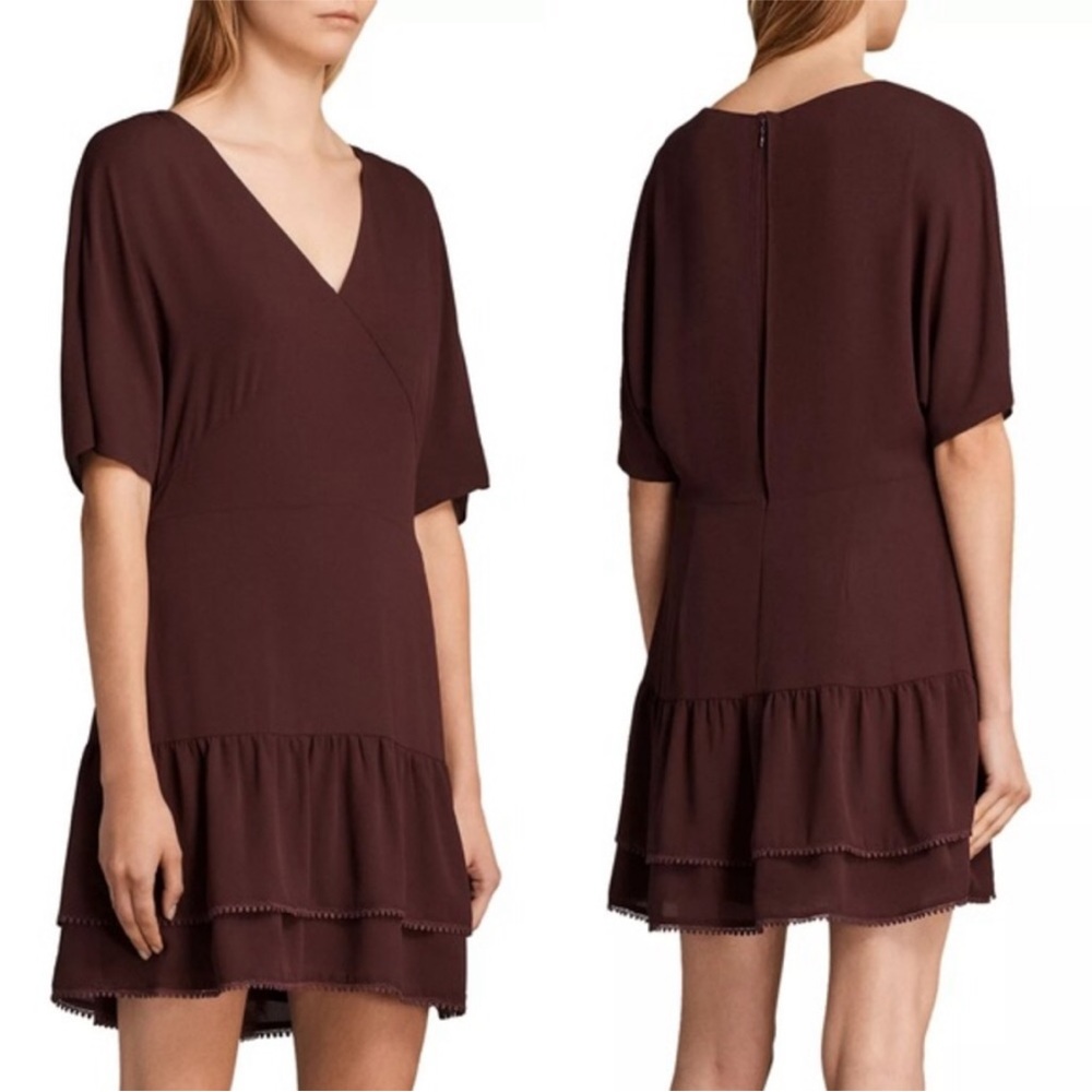 All Saints Marley dress tiered burgundy size 0